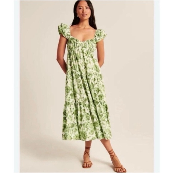 Abercrombie & Fitch Green Floral Flutter Sleeve Midi Dress - Picture 1 of 6